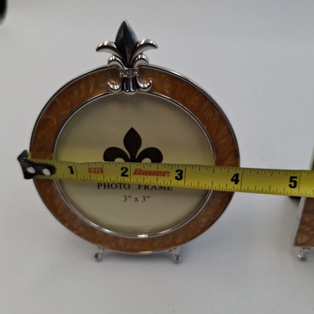 Vintage Fleur De Lis Photo Frame Set Honey Enamel Silver Tone‎ Round Square Mini